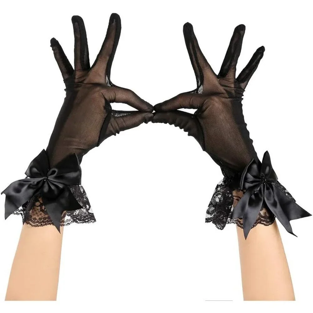 Women's Black Bow Lace Elegant Wrist Gloves Ruffle Bridal Wedding Party Prom